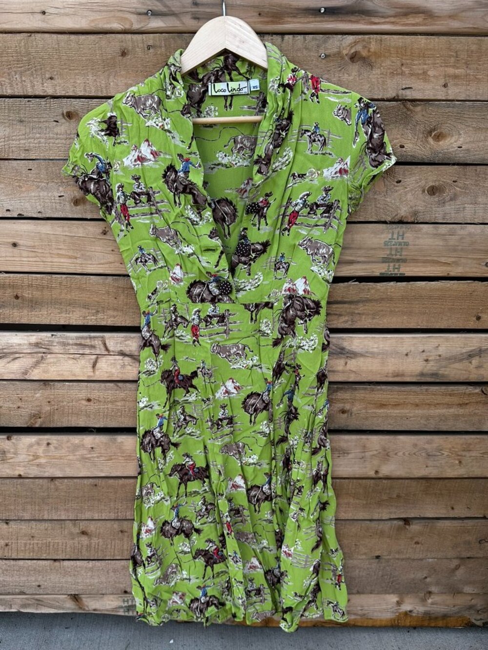 Loco Lindo Western Cowboy Rodeo Print Dress Green Rockabilly Pinup XS